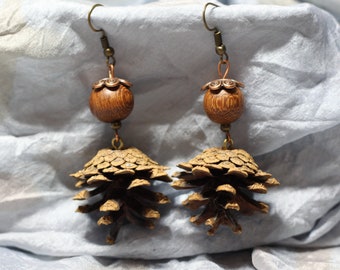 Natural Pine Cone Earrings with Wooden and Glass Beads