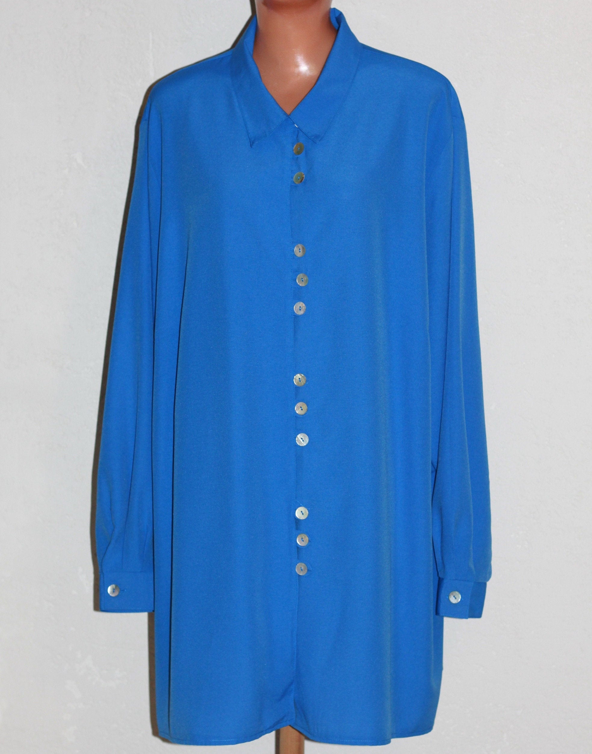 Vintage 90s Royal Blue Viscose Long Sleeve Blouse Plus Size - Etsy