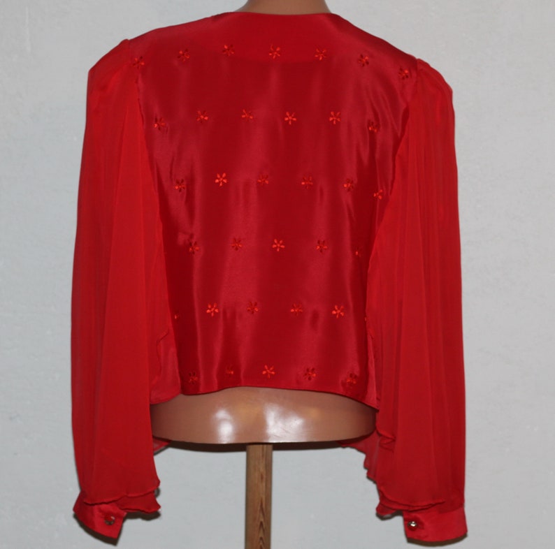Red Embroidered Crop Luxurious Blouse Long Bat Sleeves Size L