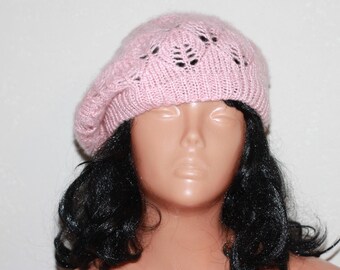 Pink Lace Pattern Knit Vintage Hat Beret