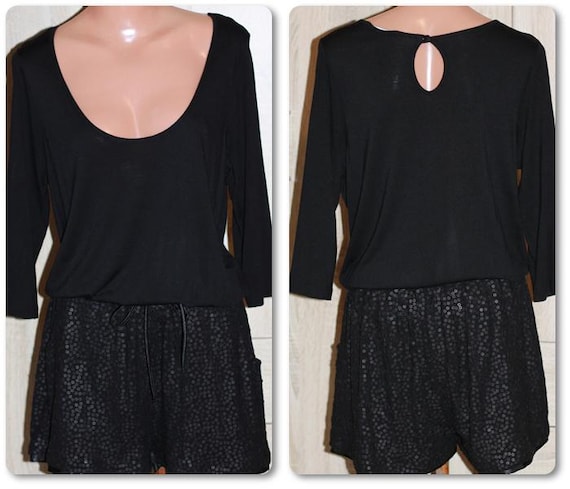 Marks & Spencer, Vtg Marks & Spencer Black Viscose Jersey Sequined Short Jumpsuit with Pockets Size M/L
