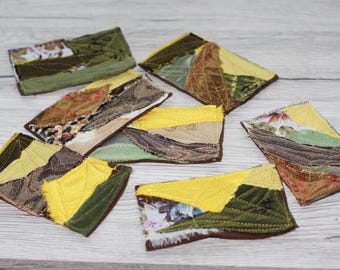 Quilted Fabric Patches, Handmade Embroidered Appliques, 7 Piece Set
