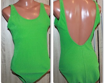 Green Overall Swimsuit One Piece Swimwear 90s Size M