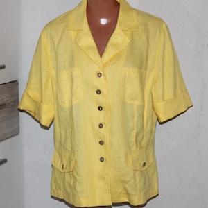 Yellow Summer Linen Short sleeves Blouse with Pockets Size L/XL