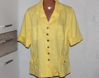 Yellow linen blouse, Short sleeves, Blouse with pockets, Size L/XL