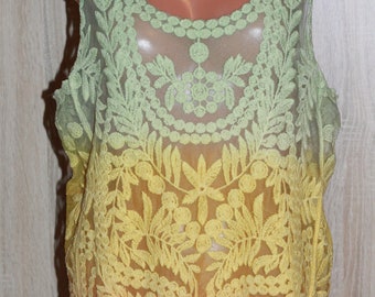 Ombre Lace Sleveless Top Green Yellov Orange Size M