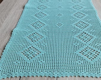 Vintage Handmade Mint cotton crocheted tablecloth Size 34 x 134 cm - 13 x 53 inches