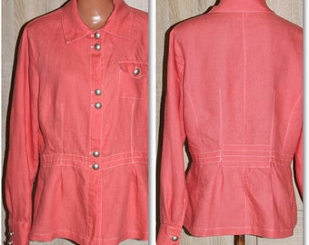 Coral Pink Linen Blazer Long Sleeve Blouse Silver Buttons Size M/L