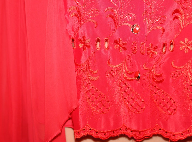 Red Embroidered Crop Luxurious Blouse Long Bat Sleeves Size L