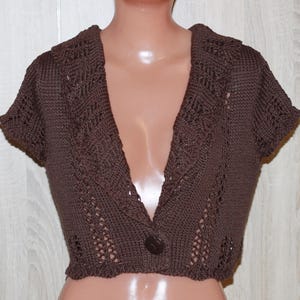Brown Viscose Lace Pattern Knitted Bolero Crop Cardigan Size M/L