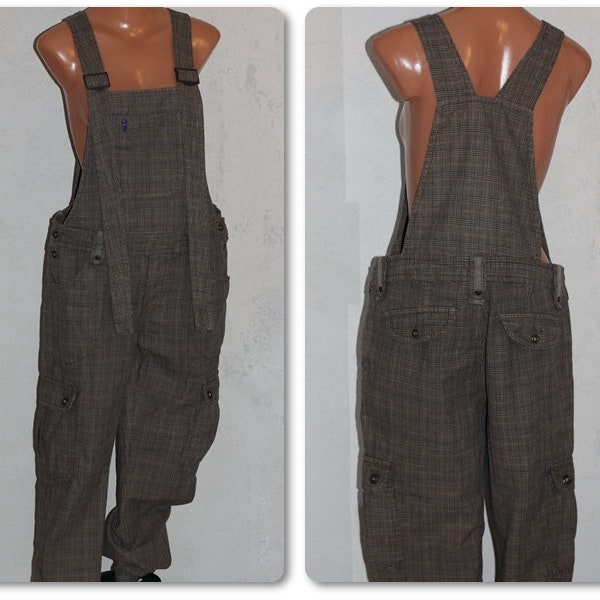 Vintage Gray Black Plaid Cotton Jumpsuit Overall Dungarees Rompers Size M/L