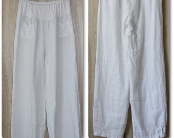 White Wide Linen Pants Leg Trousers High Waist Summer Pants Waist Rubber Size S/M
