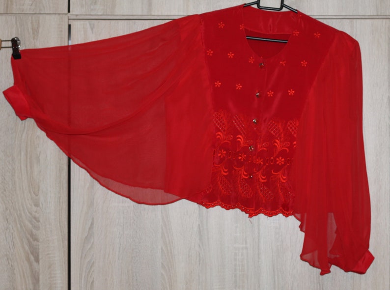 Red Embroidered Crop Luxurious Blouse Long Bat Sleeves Size L