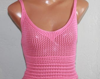 Baby Pink Cotton Knitted Spaghetti Strap Crop Top Size XS
