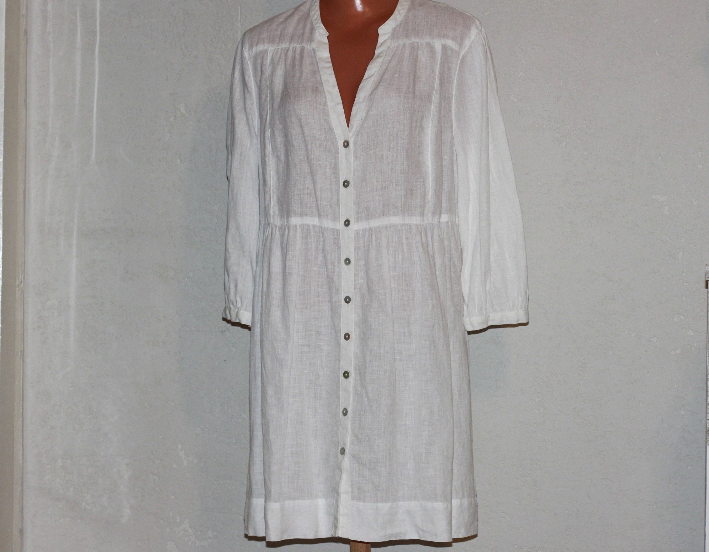 White Linen Dress Tunic Shirtdress 3/4 Sleeve Size L - Etsy Singapore