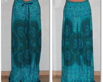 Emerald Blue Mandala Print Viscose Trouser Skirt with Side Slits Size S/M