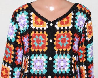 Crocheted Square Multicolored Cotton Blend Crop Cardigan Jacket Size S/M