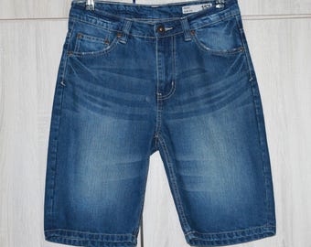 Bermudas vaqueras azul marino, pantalones cortos largos, cintura alta, talla W30