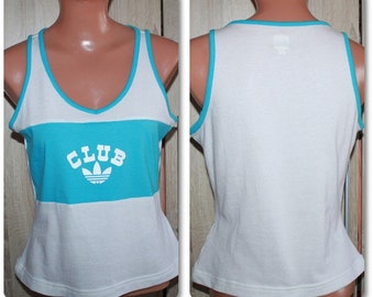 Vintage Adidas Tank Top White Light Blue Cotton Size S