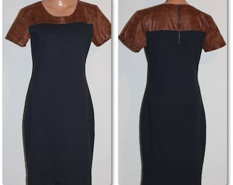 Dark Blue Brown Jersey Elegant Tight-fitting Cotton Dress Size M