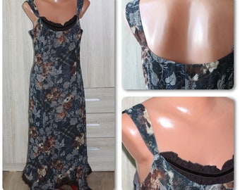 Vintage floral rose A-line dress, Sleeveless lace trim, Size M