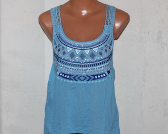 Light Blue Cotton Tank Top Tunic with Embroidered Lace Details  Size XS