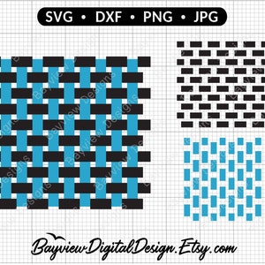 Könnte beinhalten: Drei verschiedene Muster aus gewebten schwarzen und blauen Quadraten. Die Muster sind in einem Rasterformat angeordnet. Der Text "SVG. DXF. PNG. JPG" befindet sich oben im Bild. Der Text "Bayview Digital Design. Etsy.com" befindet sich unten im Bild.