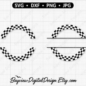 May include: A split monogram design featuring a checkered circle with a black and white pattern. The circle is split in half with a horizontal line in the middle. The design is perfect for creating personalized gifts.