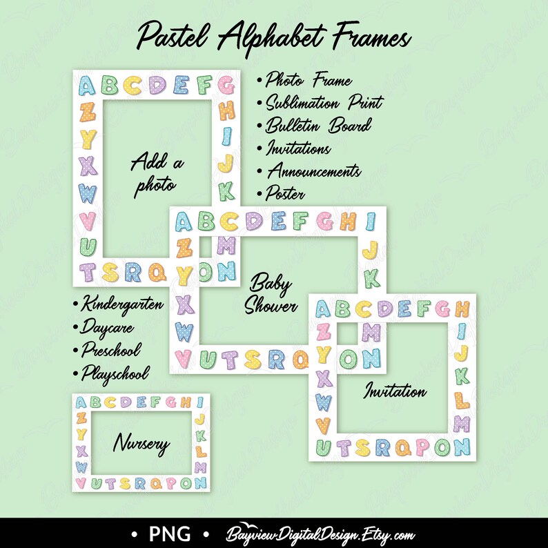 Baby Frame Clip Art, Nursery Alphabet SUBLIMATION Print, Pastel ...