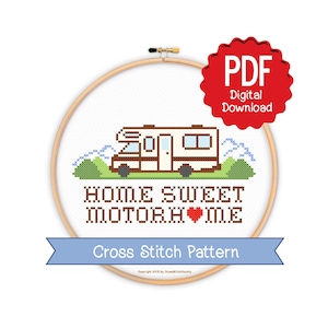 Home Sweet Motor Home cross stitch PDF, Camper Road trip Pattern, Holiday vacation, Home on wheels, Retirement gift, House warming Heart PDF