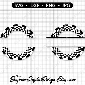 Peut inclure: Un design de monogramme divisé en deux demi-cercles avec un motif à carreaux noir et blanc. Le design est parfait pour créer des cadeaux personnalisés.