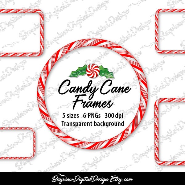 Candy Cane Clip Art, Merry Christmas Photo Frame, Candy Cane Border PNG, Christmas Printable, Holiday CUT File, Peppermint Holly Trim