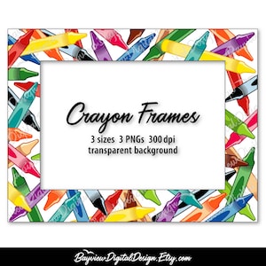 May include: A white rectangular frame with a border of colorful crayons in various colors. The text "Crayon Frames" is in the center, with details about sizes, file types, and resolution. The bottom of the image displays the Etsy shop's name.