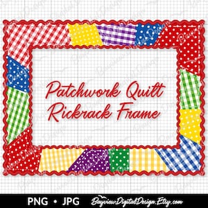 Może przedstawiać: Czerwona ramka z patchworkowej kołdry z falistym brzegiem. Ramka wykonana jest z kwadratów w różnych kolorach, w tym czerwonym, białym, niebieskim, żółtym i zielonym. W środku ramki znajduje się napis "Patchwork Quilt Rickrack Frame".