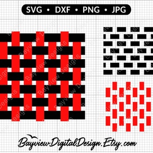 May include: Three different designs for a woven pattern. The first design is a black and red woven pattern. The second design is a black woven pattern. The third design is a red woven pattern.