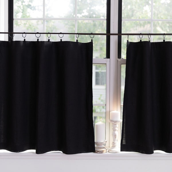 Linen cafe curtains LINED| BLACK|Kitchen curtains|1 panel|bathroom short curtains