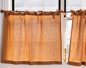 Linen cafe curtains with ties| CINNAMON linen curtain with ties|Kitchen curtains|1 panel|short curtains