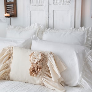 Ruffled Pillow Cover with Roses | Floral Throw Pillow cover for Bed or Sofa Gift for Mom, Grandma, Housewarming | Romantic Bedroom Decor