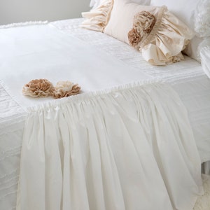 Ruffled Bed Runner ,White Farmhouse Bedding Scarf, Romantic Bedroom Decor Bed Scarf with Roses Handmade Cottage Style