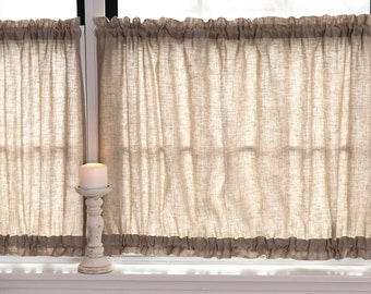 Natural brown linen curtains| linen cafe curtains| kitchen curtains with top and bottom rod pocket|1 PANEL|sidelight curtains