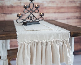 Rustic Cream Cotton Table Runner: Farmhouse Ruffled Decor