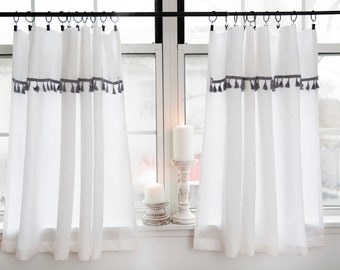 Kitchen curtains|White linen curtains with GRAY tassels|boho curtains|1 PANEL|bohemian curtains