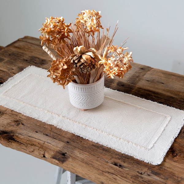 Rustic table runner|frayed edges|small handmade farmhouse table runner|holiday runner|gift for her,neutral sandy beige