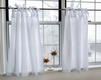 Linen cafe curtains| white linen curtain with ties|Kitchen curtains|1 panel