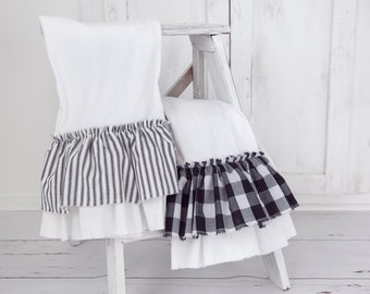 Ruffled Kitchen Towel: Black White Buffalo Check or Ticking Stripe