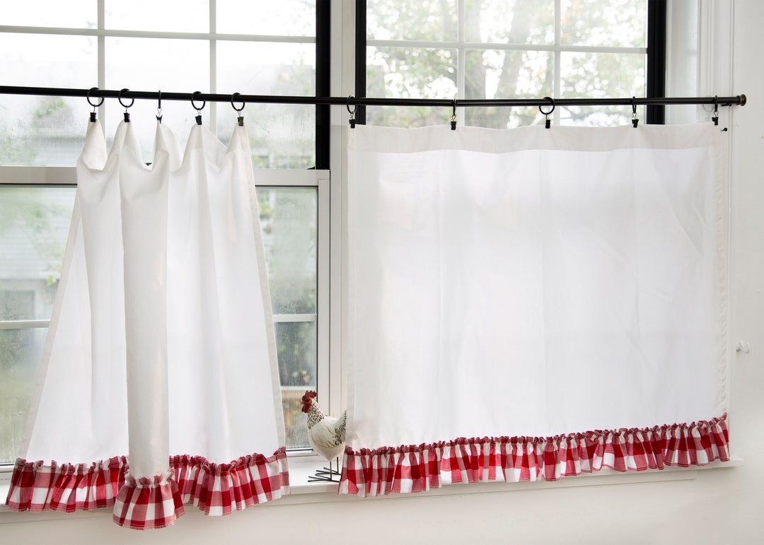 Cafe Curtains With Red Buffalo Plaid Rufflewhite Farmhouse Curtains - Etsy