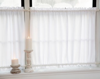 White linen curtains| linen cafe curtains| kitchen curtains with top and bottom rod pocket|1 PANEL|sidelight curtains