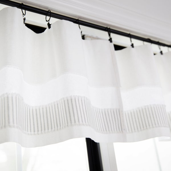 Window valance white|kitchen curtain|striped curtains|1 panel| gray or navy blue trim