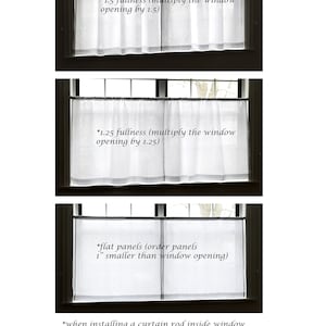 Puede incluir: Tres im&aacute;genes que muestran diferentes formas de medir las aberturas de las ventanas para las cortinas. La primera imagen muestra una ventana con una cortina que es 1,5 veces el ancho de la abertura de la ventana. La segunda imagen muestra una ventana con una cortina que es 1,25 veces el ancho de la abertura de la ventana. La tercera imagen muestra una ventana con una cortina que es 2,5 cm m&aacute;s peque&ntilde;a que la abertura de la ventana. El texto debajo de las im&aacute;genes explica c&oacute;mo medir para las cortinas al instalar una barra de cortina dentro o fuera del marco de la ventana.