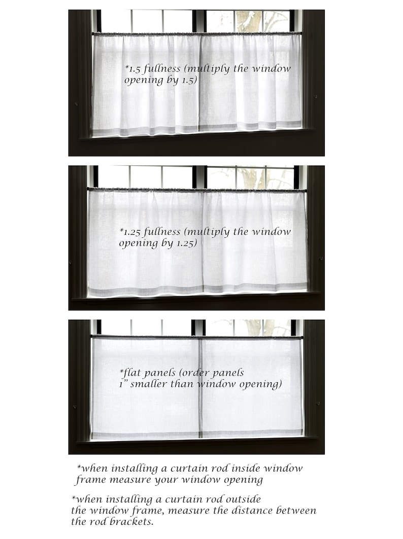 Puede incluir: Tres im&aacute;genes que muestran diferentes formas de medir las aberturas de las ventanas para las cortinas. La primera imagen muestra una ventana con una cortina que es 1,5 veces el ancho de la abertura de la ventana. La segunda imagen muestra una ventana con una cortina que es 1,25 veces el ancho de la abertura de la ventana. La tercera imagen muestra una ventana con una cortina que es 2,5 cm m&aacute;s peque&ntilde;a que la abertura de la ventana. El texto debajo de las im&aacute;genes explica c&oacute;mo medir para las cortinas al instalar una barra de cortina dentro o fuera del marco de la ventana.